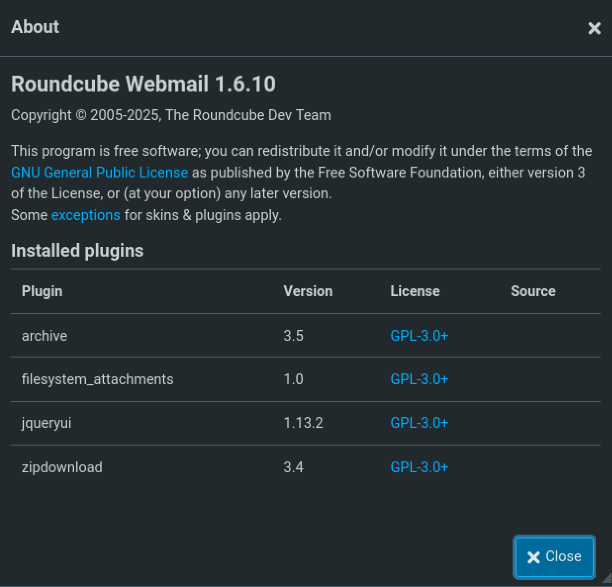Fenêtre About de Roundcube Webmail 1.6.10 affichant la version installée et les plugins actifs sur outbound.htb