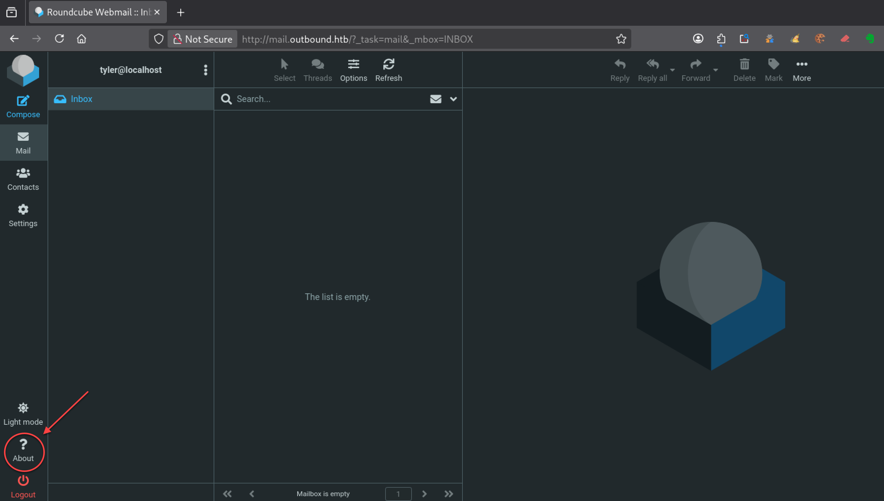 Interface Roundcube Webmail après connexion avec le compte tyler, montrant le menu About accessible en bas à gauche du dashboard afin d’obtenir les informations de version de l’application