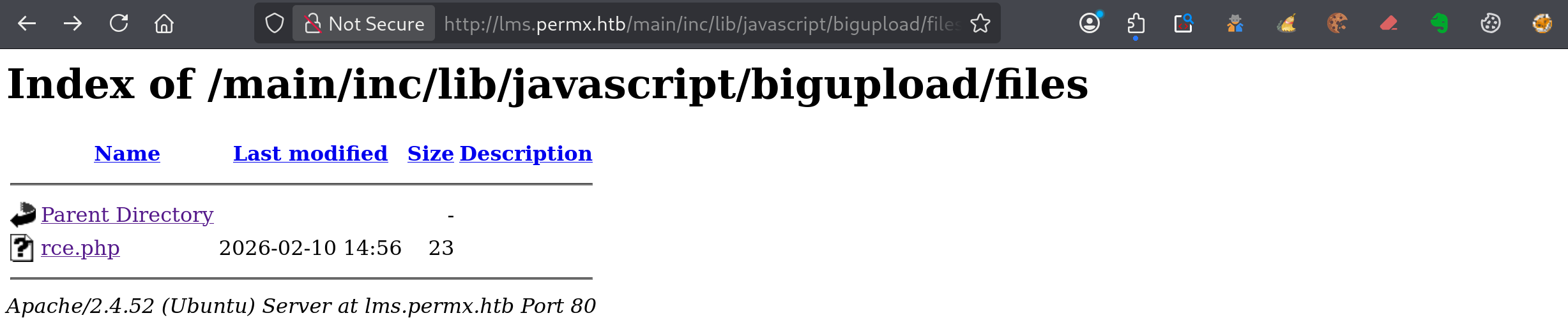 Index du répertoire bigupload montrant le fichier rce.php uploadé et accessible via le web