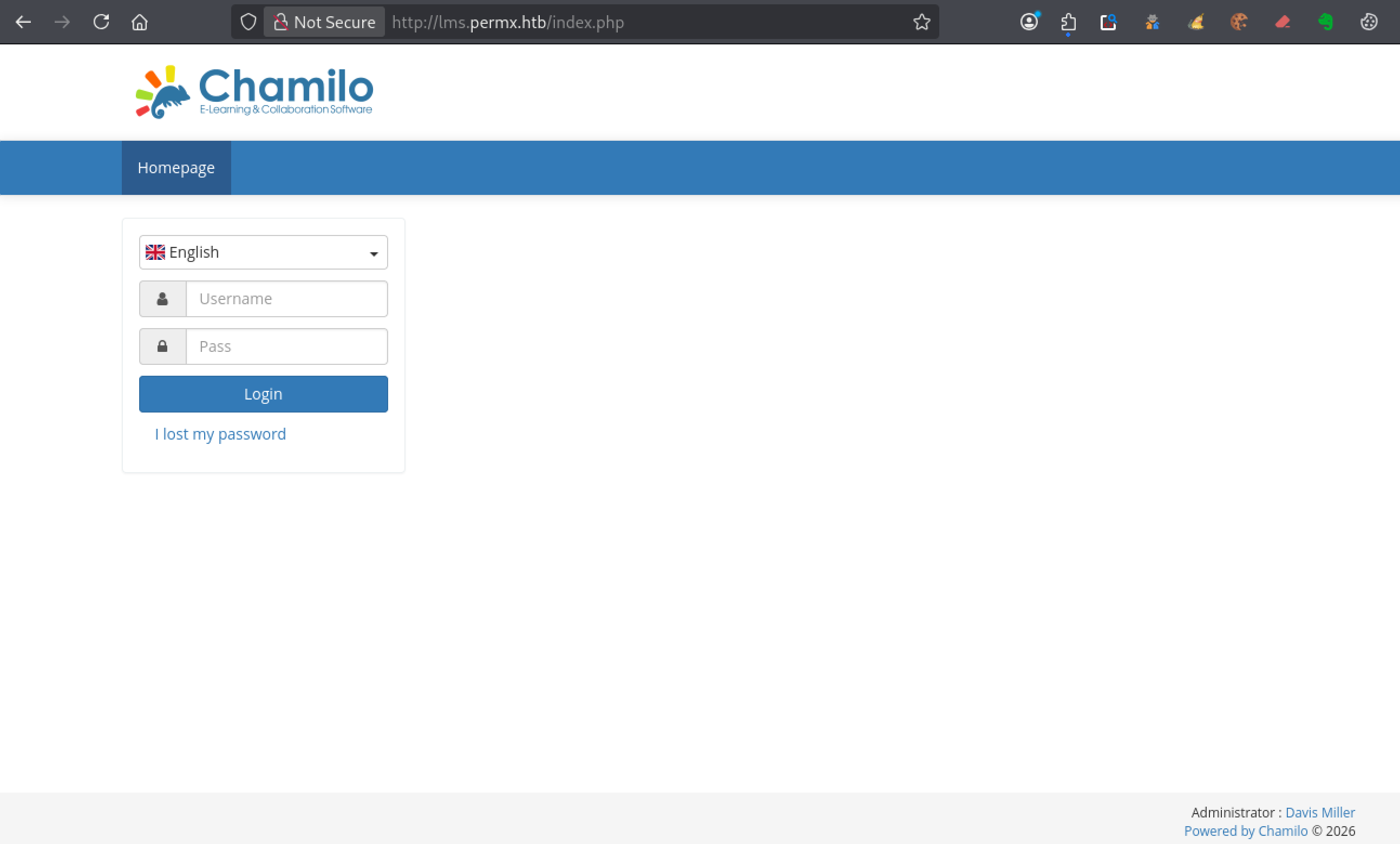 Page de connexion de Chamilo LMS accessible sans authentification préalable