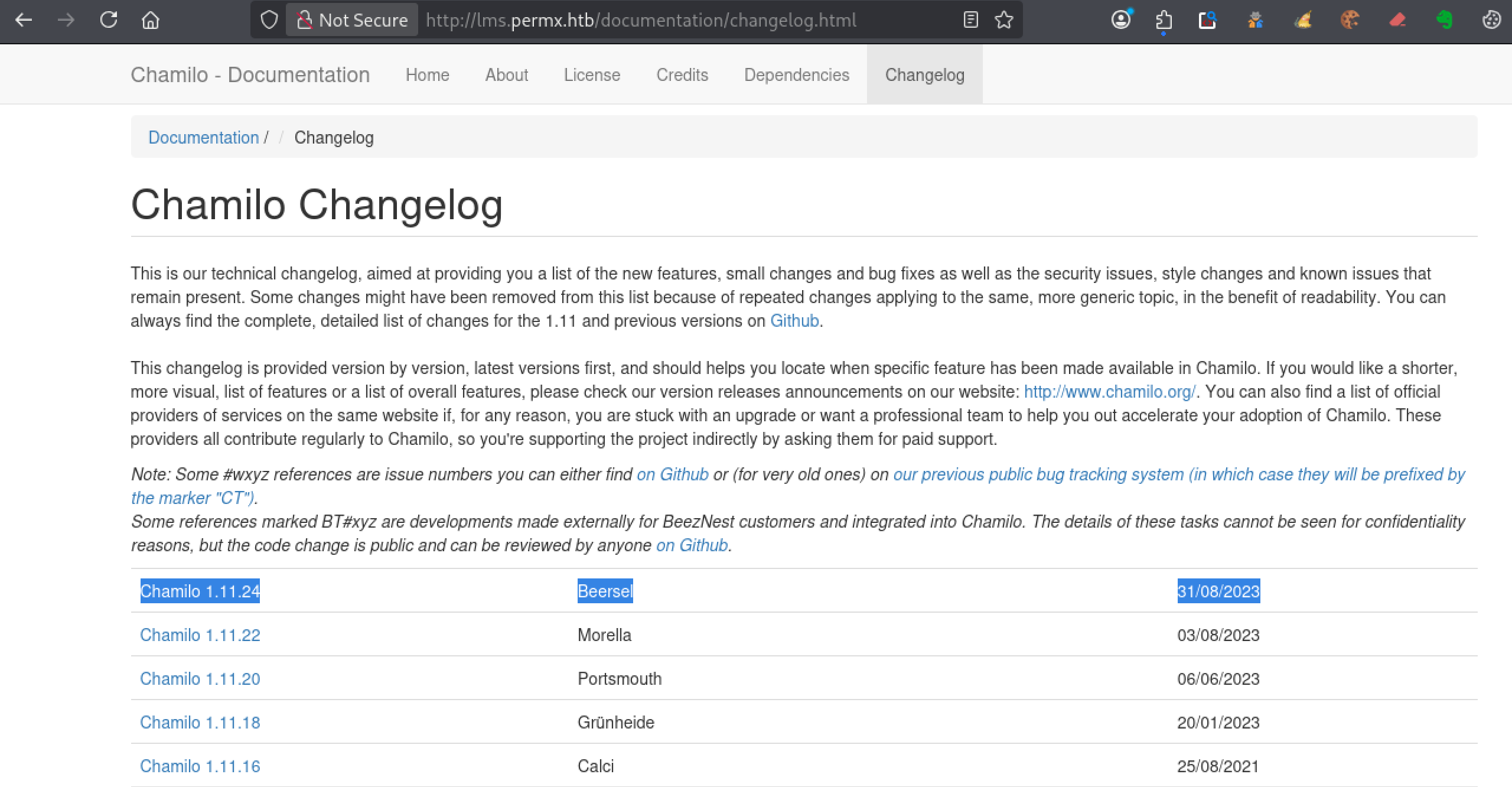 Changelog officiel de Chamilo indiquant la version 1.11.24 utilisée sur la cible