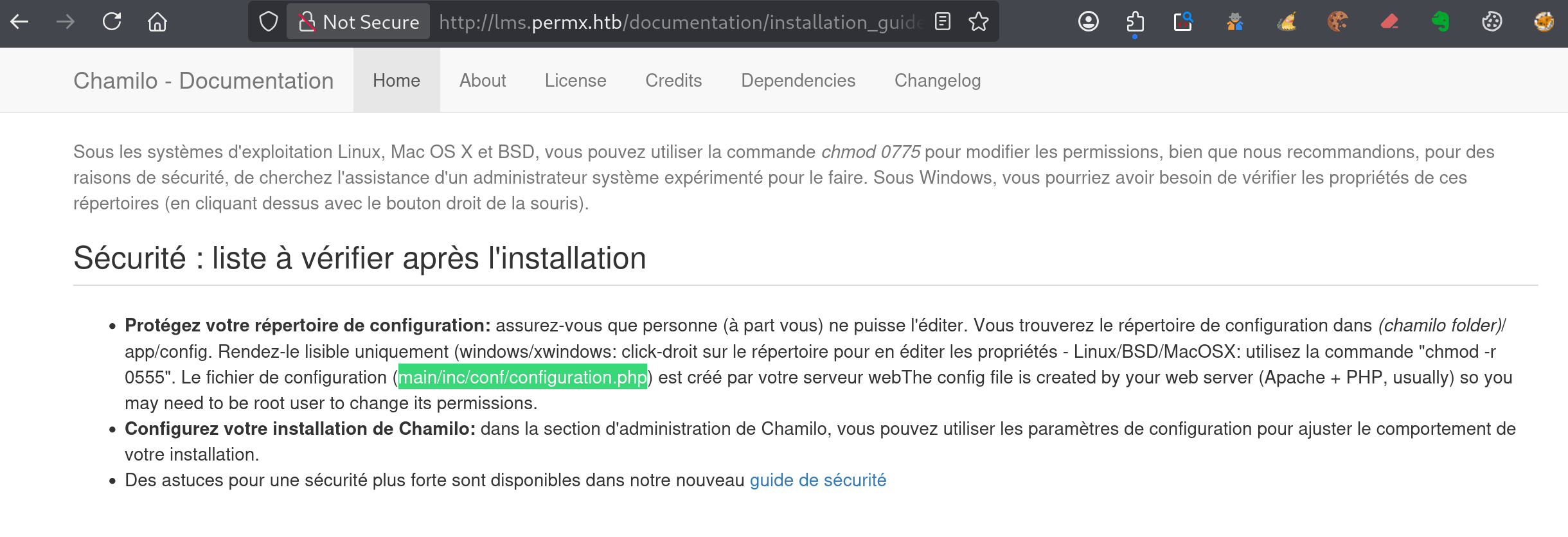 Documentation Chamilo indiquant l’emplacement du fichier configuration.php contenant les paramètres sensibles