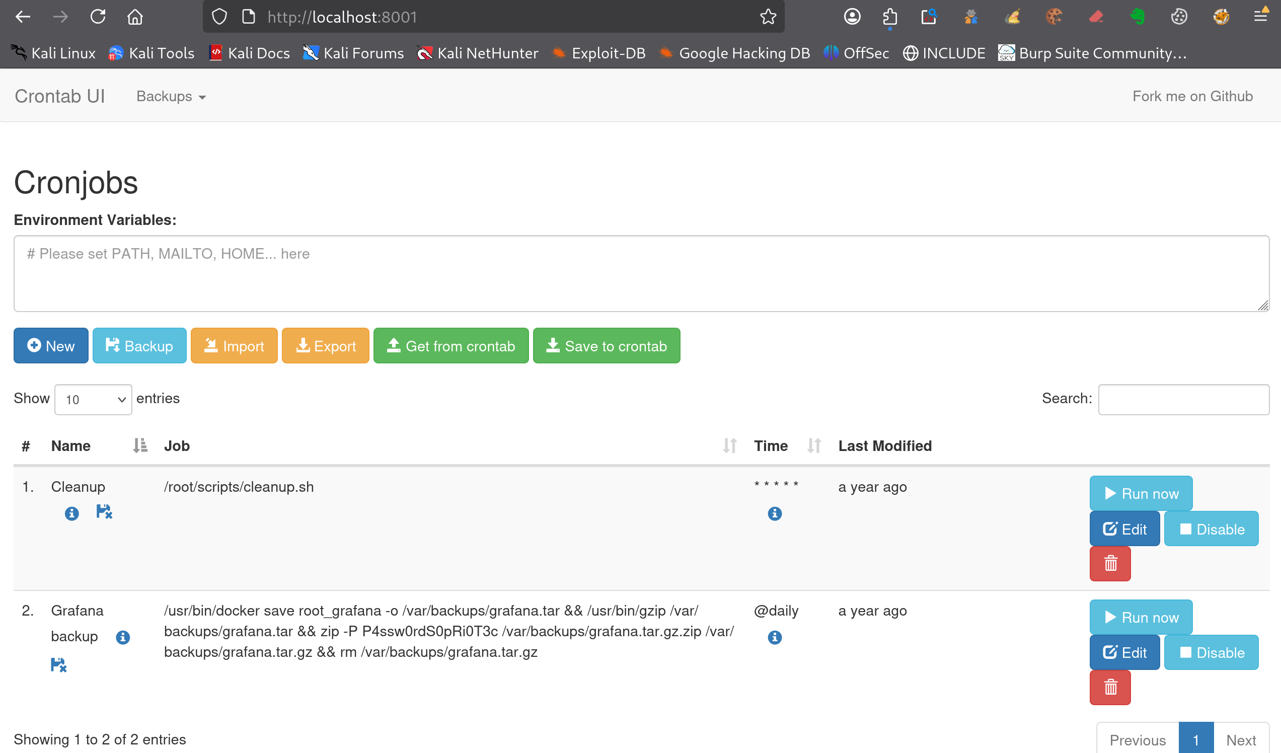Interface web Crontab UI accessible via le tunnel SSH local sur localhost:8001 affichant les tâches cron root découvertes après réutilisation du mot de passe récupéré dans crontab.db sur planning.htb