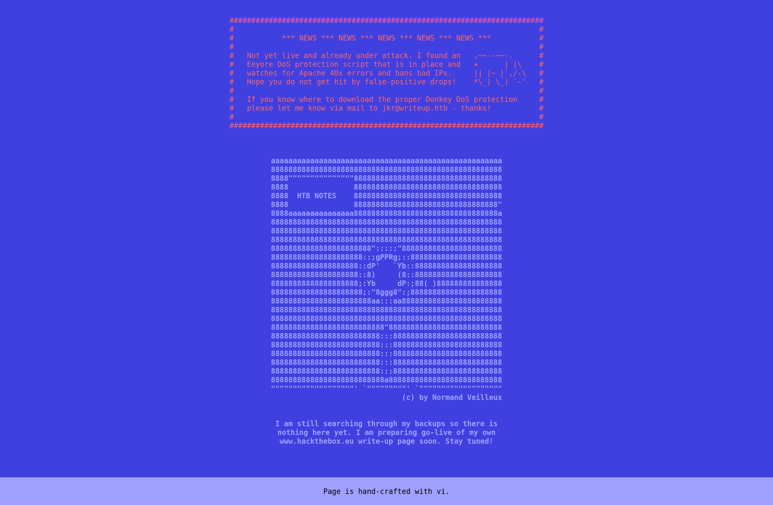 writeup.htb (HTB Easy) — page d’accueil statique (ASCII art) et message anti-DoS (ban sur erreurs 40x)